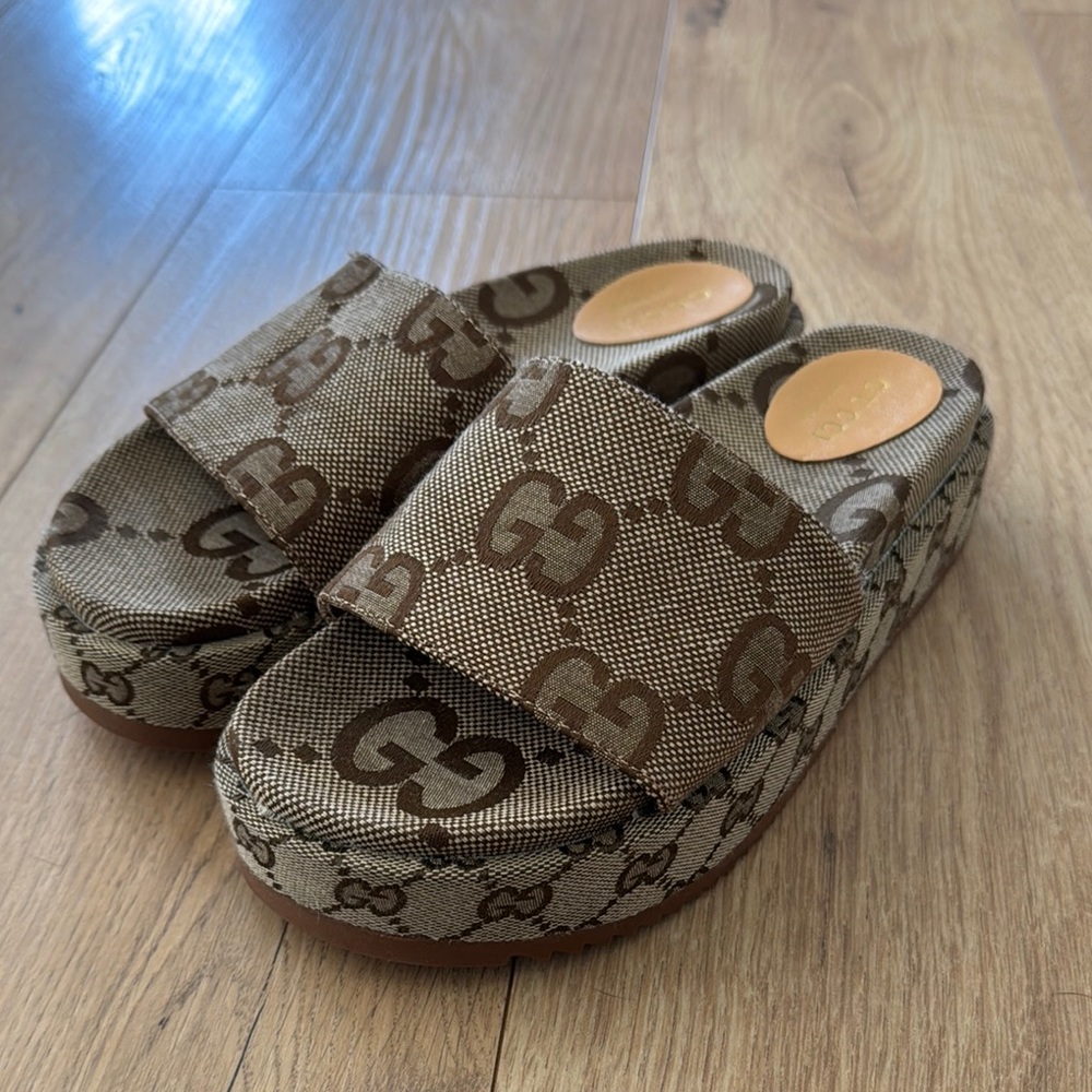 Fashion Inspired Beige and Brown Monogram Platform Sandals
